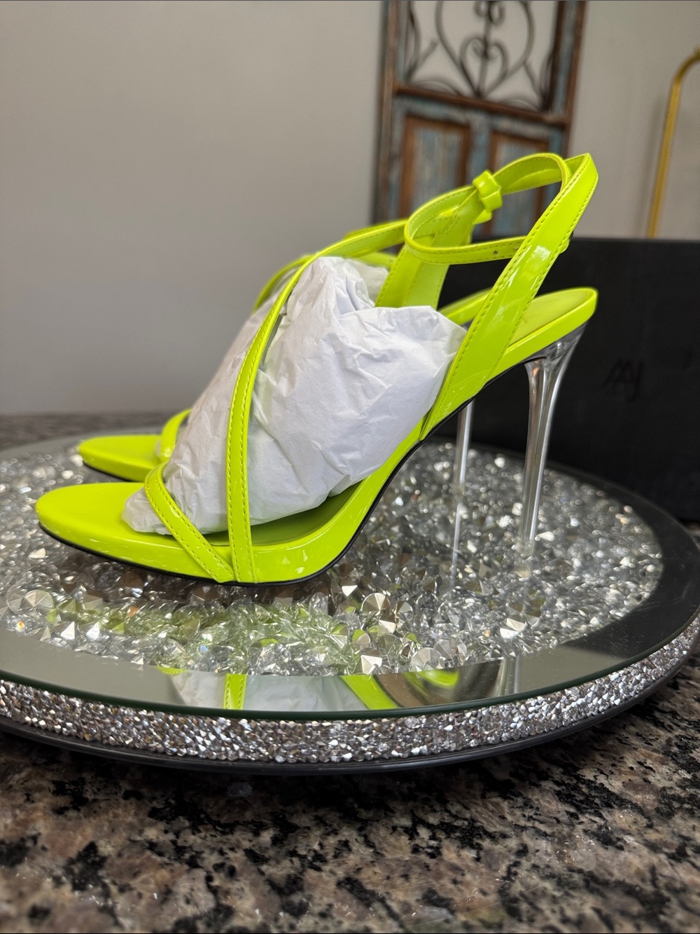 AAJ Animah Abdul Jillil Neon Yellow Patent Slingback clear Stiletto Sandals NEW